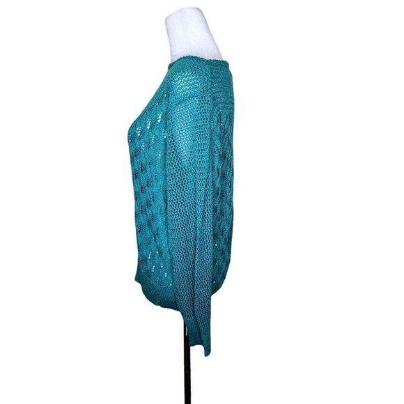 Vintage 1990s Open Weave Long Sleeve Sweater Womens Size L Teal Blue Green - Picture 5 of 6